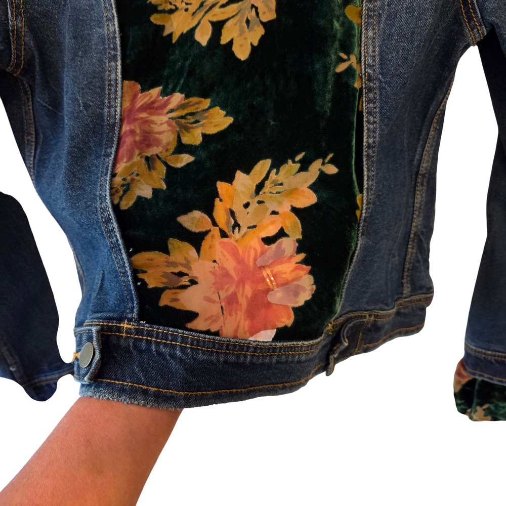 Upcycled Denim Jacket with Floral Sheer Green Panel Inlays Ruffled Sleeves XS - Picture 13 of 14